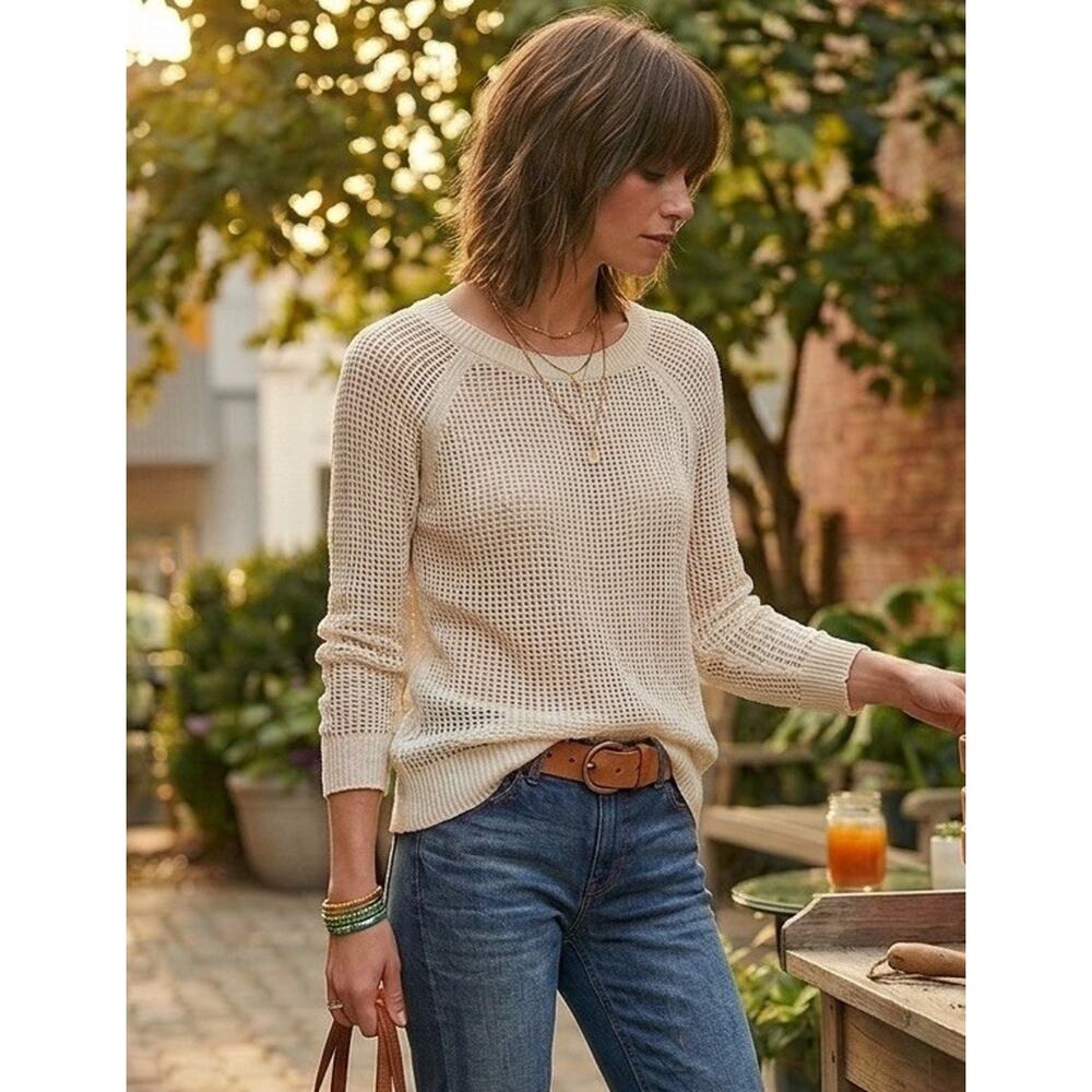Old Navy Cream Linen Mesh Knit Raglan Sweater Boho Whimsigoth Coastal SP